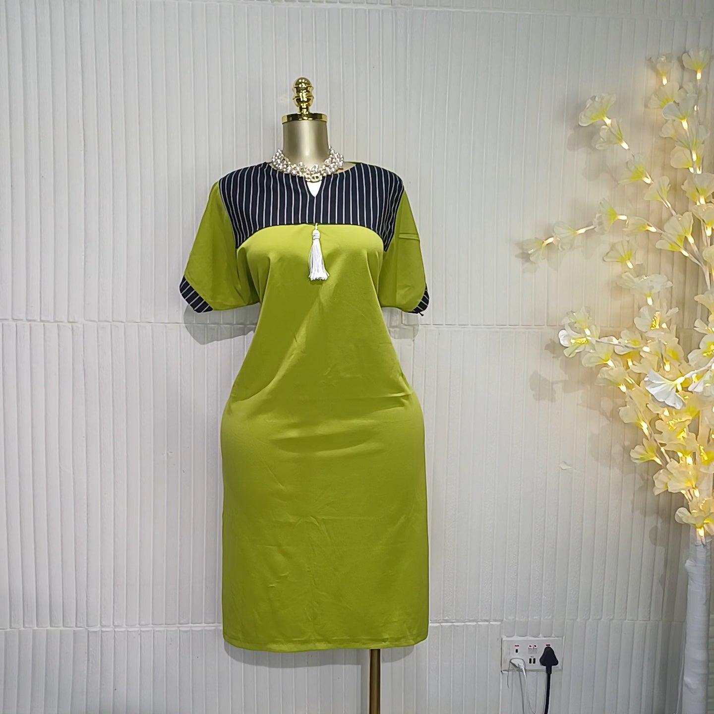 Green & Black Striped Detail Dress